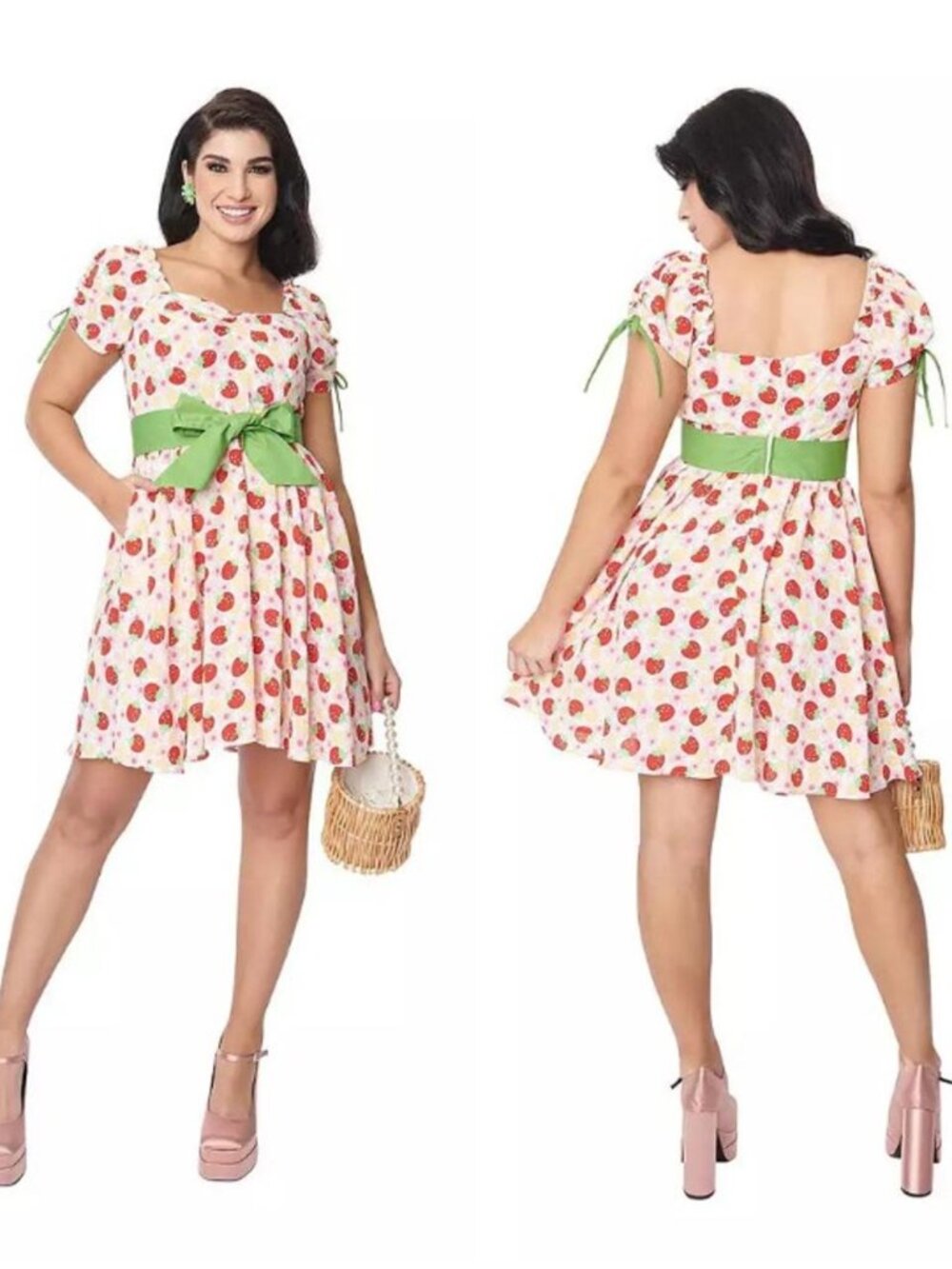 Unique Vintage Dakota Strawberry Print Green Sash Fit Flare Dress, Size 2X